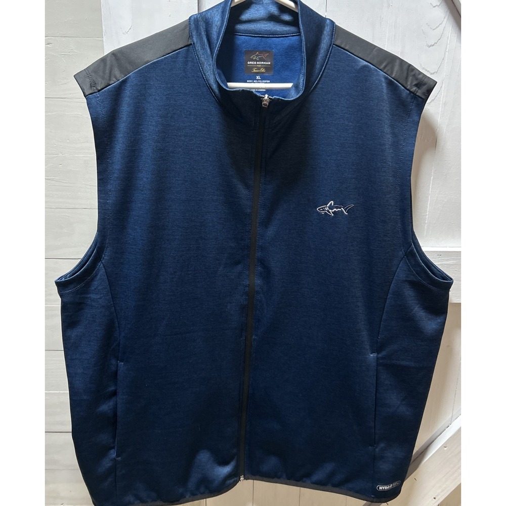Greg Norman Tasso Elba Men's XL Full Zip Blue Golf  Vest Hydrotech Shark Logo